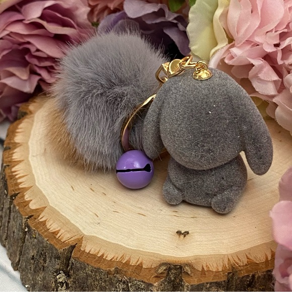 Gray Felt Bunny Rabbit Charm with Gray Pom Pom Keychain - Picture 10 of 11